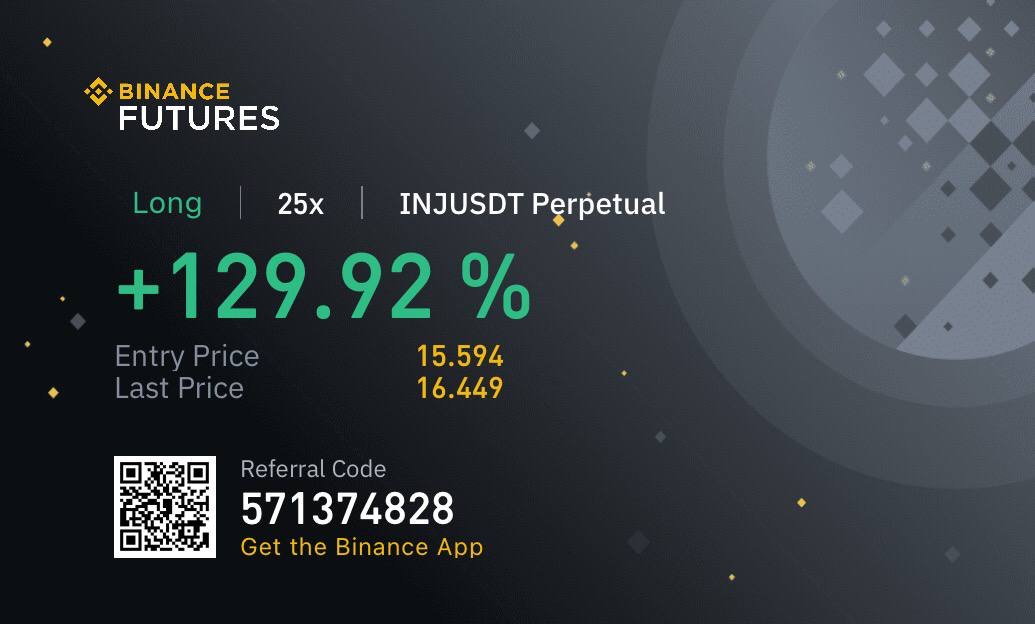 INJUSDT futures result screenshot showing a reported positive trade outcome